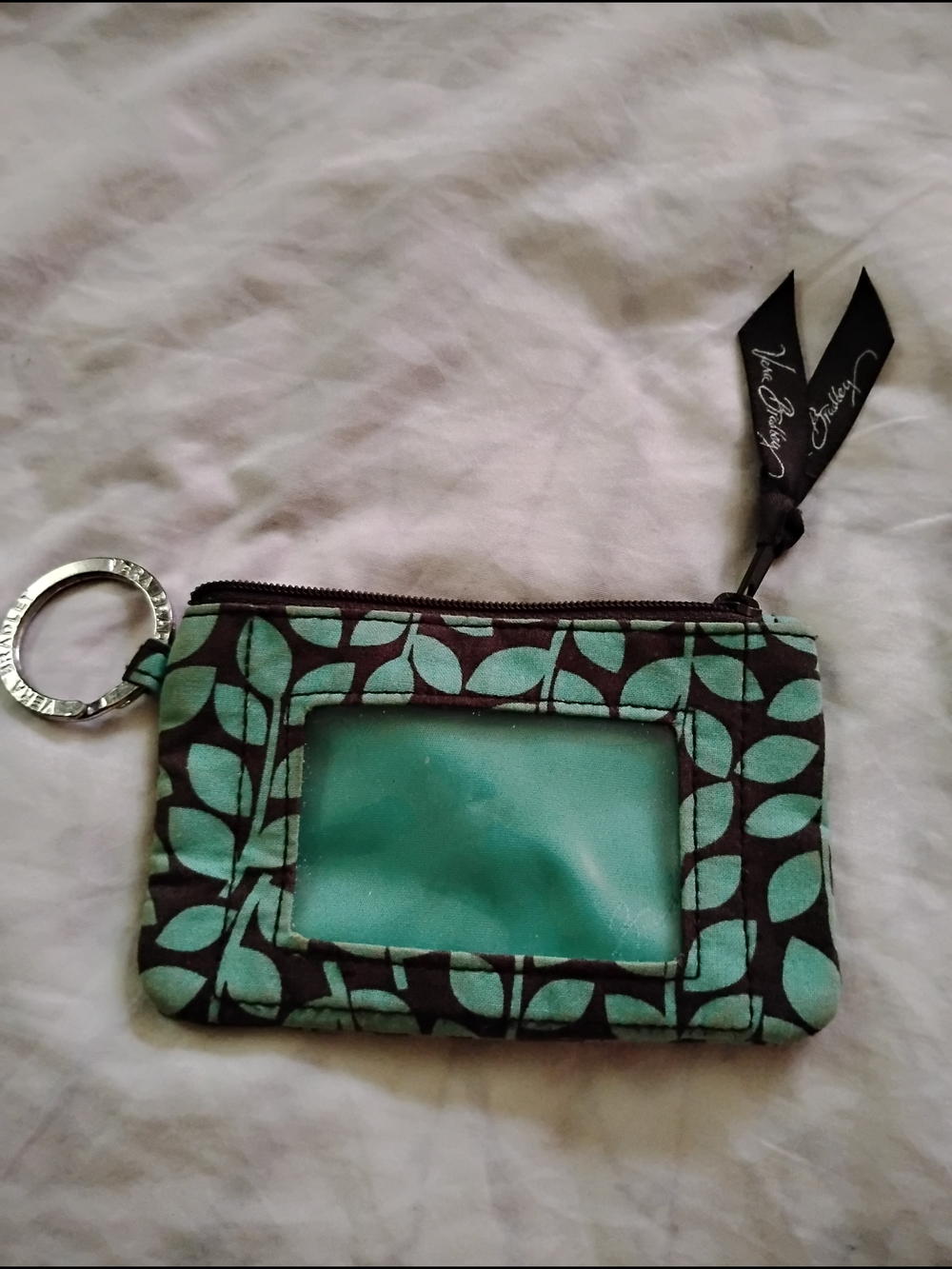 Vera Bradley Teal and Black Leaf Print ID Wallet with Ribbon Pull